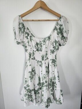 HELLO MOLLY Floral Romanticore Coquette Puff Mini Dress White Sage Green Medium